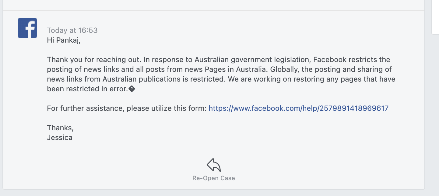 facebook support message when sending the Australian news support form to Facebook
