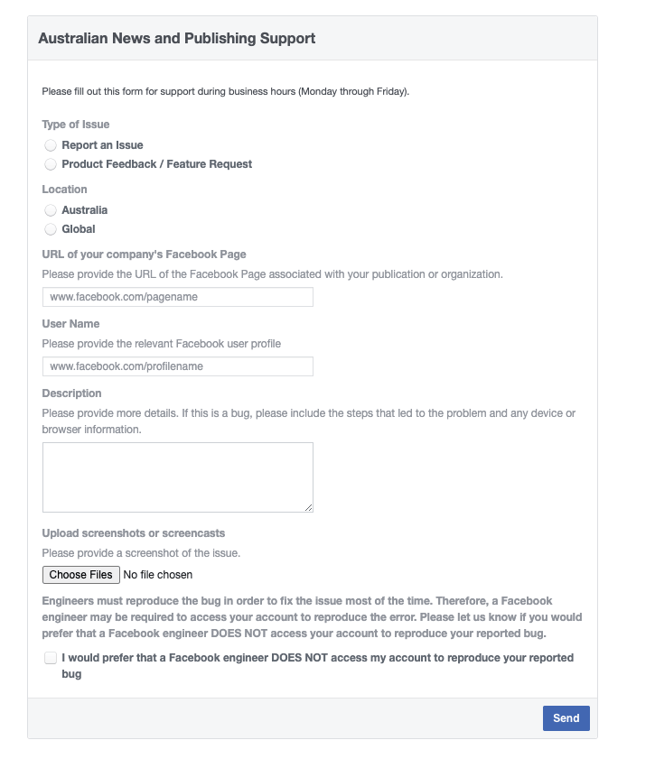 australian news and publishing support form on Facebook