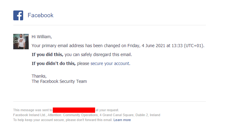 Facebook Primary Email Changed Notification