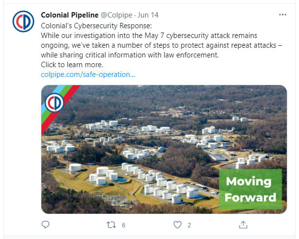Colonial Pipeline Ransomware Attack Response Tweet