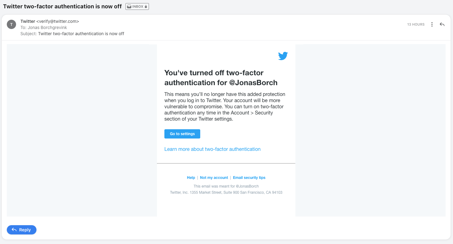 Email from Twitter saying my 2FA has been turned off